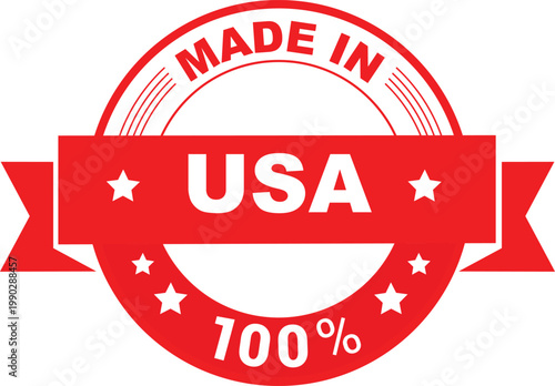 Red and white badge proclaiming made in usa with stars and percentage