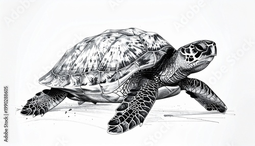 Detailed monochrome drawing of a sea turtle on a white background.