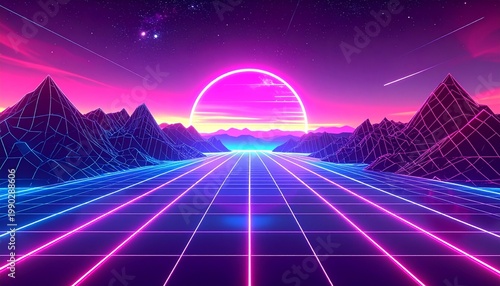 Retro Wave Landscape with Neon Grid and Sunset.