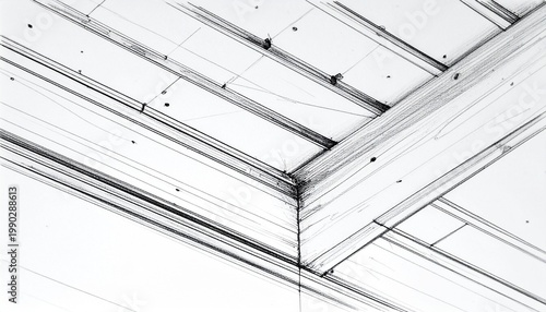 Architectural Sketch of Intersecting Wooden Beams and Ceiling.