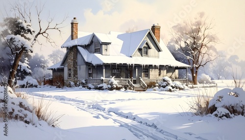 Charming Snow-Covered Farmhouse in a Serene Winter Landscape.