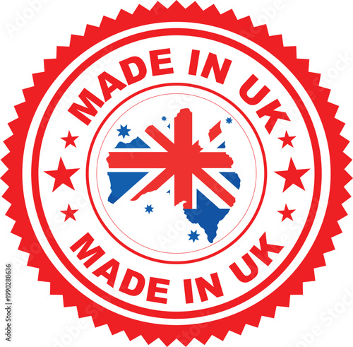 Circular made in uk badge featuring the union jack and stars