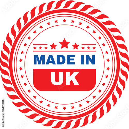 Circular badge proclaiming made in uk with stars and red borders