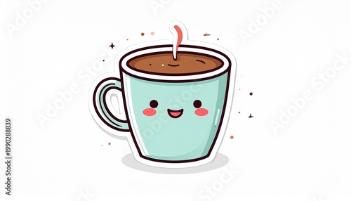 Charming cartoon illustration of a happy steaming mug filled with a warm beverage, a delightful and cute graphic design for cozy moments and morning drinks
