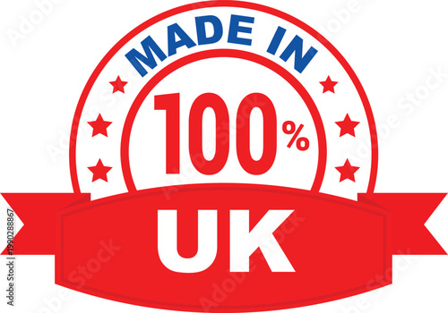 Made in uk badge with stars and ribbon indicating origin