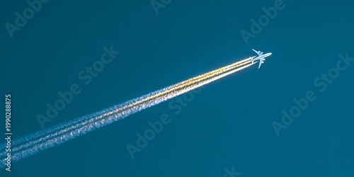 White condensation trail from airplane floats across blue sky, creating a delicate and linear visual element