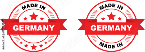 Two red made in germany badges with star details and ribbons