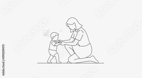 Line drawing of a woman kneeling and helping a toddler walk with a single continuous line on a white background.