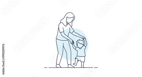 Line drawing of a woman helping a child stand with a simple white background and blue lines.