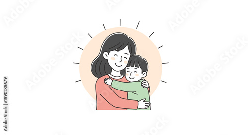 A smiling woman with long dark hair hugging a happy child in a green shirt against a warm beige circular background with sunburst lines.