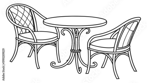 Wicker patio set with a round table and two chairs line drawing furniture restaurant illustration interior exterior minimalist decoration