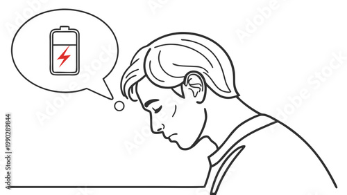 Man with low battery symbol in thought bubble concept of mental fatigue or exhaustion low power mental health tired brain exhaustion illustration