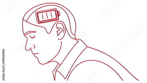 Man with battery symbol inside head representing low energy or mental exhaustion tiredness illustration depleted overwhelmed