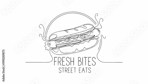 Continuous line drawing logo for 'fresh bites street eats' with a hot dog line art single line fast food illustration sandwich delicious
