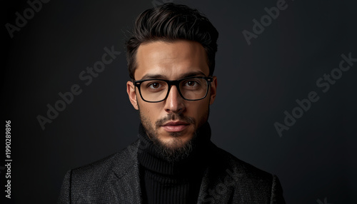 Handsome man wearing glasses and turtleneck sweater looks confident and thoughtful