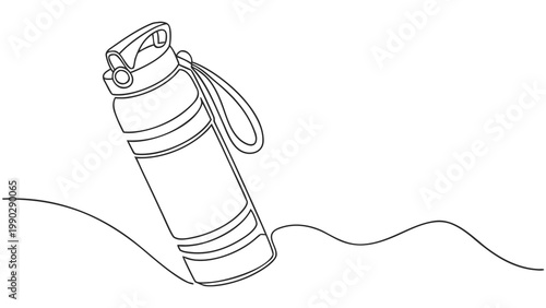 Continuous line drawing of a metal water bottle with a strap on a wavy line drink container line art white background eco friendly hydration