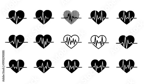 A collection of black heartbeat line art icons representing vital signs health and medical concepts in a repeating pattern