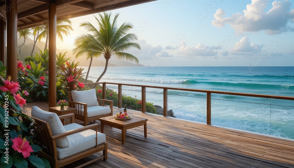 Obraz premium Hawaiian oceanfront lanai deck at sunrise, bamboo furniture with white cushions, large hibiscus and plumeria trees with colorful flowers