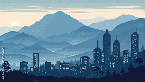 A blue city skyline with skyscrapers and mountains in the background at dusk