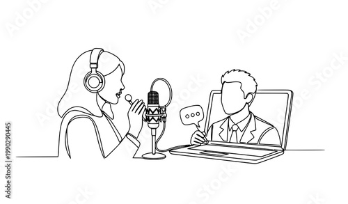 One line remote podcast interview with female host and entrepreneur video call modern online communication vector illustration
