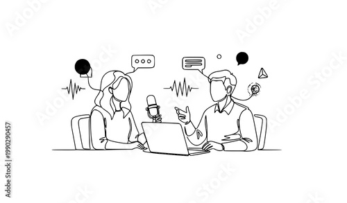 Continuous line podcast interview with female host and young entrepreneur minimal one line vector illustration for online journalism concept
