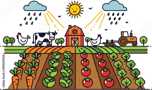 Farmers cultivate land with tractor, harvesting carrots and tomatoes under sunny rainy weather with barn, cow, chickens nearby