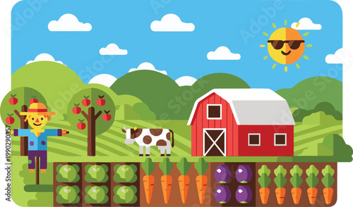 A scarecrow stands beside a tree and a red barn with a cow grazing in a sunny agricultural field with various vegetables