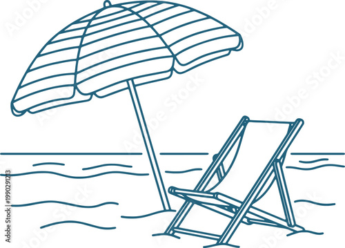 A beach chair and umbrella on the sand