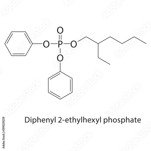 Diphenyl 2-ethylhexyl phosphate skeletal structure. phosphate compound schematic illustration. Simple diagram, chemical formula.
