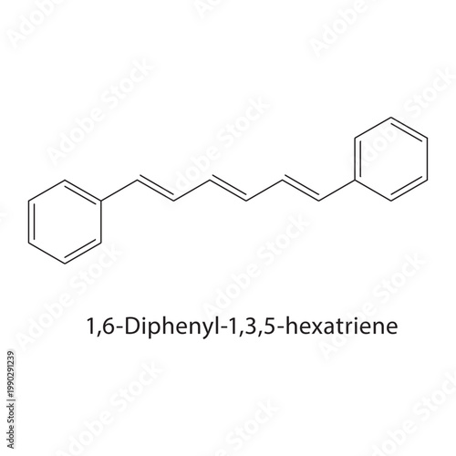 1,6-Diphenyl-1,3,5-hexatriene skeletal structure. triene compound schematic illustration. Simple diagram, chemical formula.