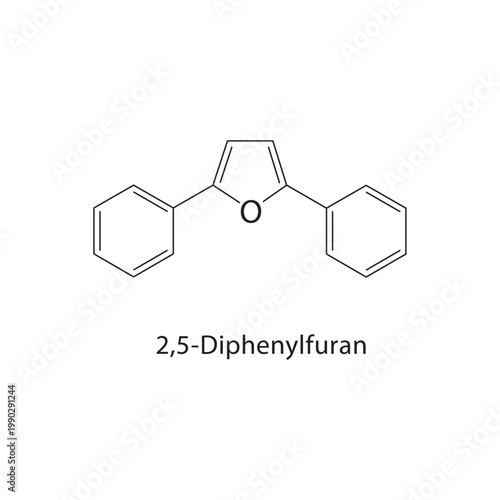 2,5-Diphenylfuran skeletal structure. furan compound schematic illustration. Simple diagram, chemical formula.