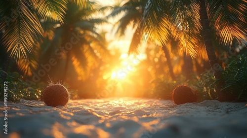 Tropical Beach Sunset Through Palm Trees With Two Pineapples On Sand