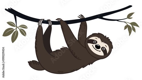 A cartoon sloth hanging upside down from a tree branch with leaves