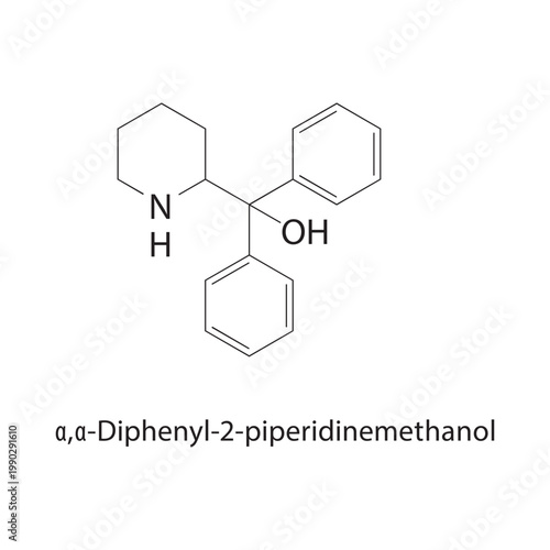 α,α-Diphenyl-2-piperidinemethanol skeletal structure. alcohol compound schematic illustration. Simple diagram, chemical formula.