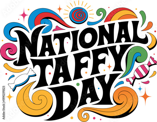 National Taffy Day Cartoon Vector Illustration, Colorful Candy Holiday Design