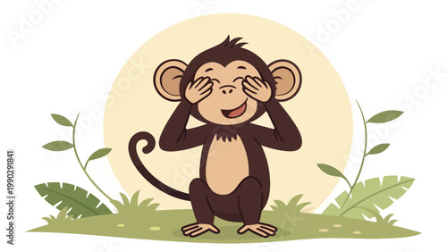 A cute cartoon monkey covering its eyes with its hands in a playful pose