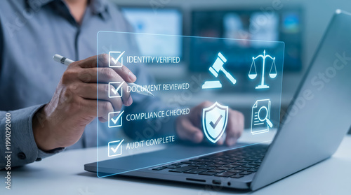 Compliance and audit concept with digital interface showing identity verification, document review, and legal icons