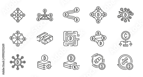 Collection of Cryptocurrency and Blockchain Icons in Line Art Style.