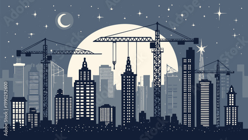 A city skyline at night with construction cranes and a full moon
