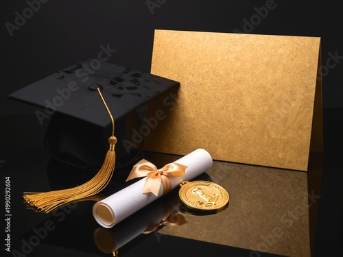 Black and Gold Graduation Card with Cap, Tassel, Diploma and Medal