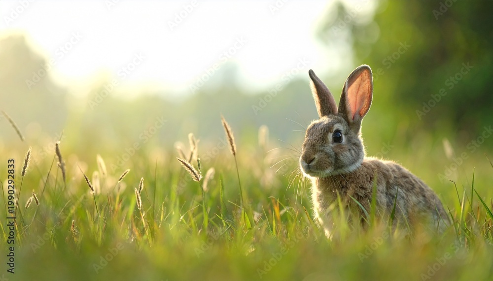 Obraz premium Brown rabbit sitting in a field of tall green grass outdoors