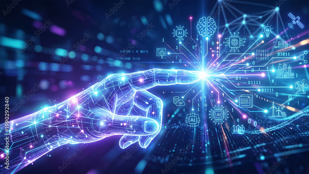 Fototapeta premium Futuristic AI Hand Touching Digital Interface with Data and Technology Icons