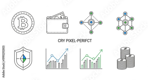 Crypto currency icons and financial charts illustration.