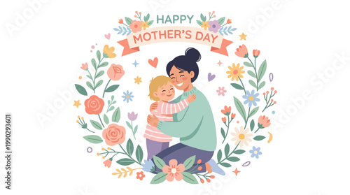 A loving mother and child illustration for Mother's Day Canada, featuring a floral wreath and 'Happy Mother's Day' banner with a maple leaf, conveying a joyful and maternal love concept.
