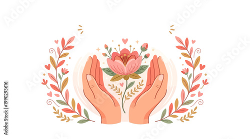 A vibrant floral mothers day illustration of hands cradling a pink flower bouquet with green leaves and colorful foliage, conveying a loving mom appreciation concept for Canada.
