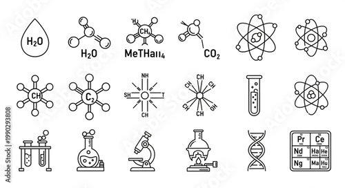 Collection of Hand Drawn Scientific Chemistry and Biology Icons.