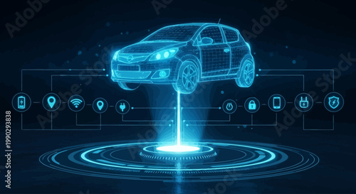 Digital Holographic Smart Car Concept Illustrating Advanced AI, IoT Connectivity, and Autonomous Driving Technologies for Future Mobility Solutions