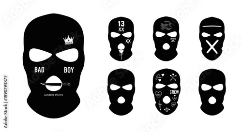 Black Balaclava Masks with Various Designs and Symbols Featuring a 'Bad Boy' Mask