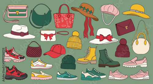 Stylish Assortment of Women's Fashion Accessories A Vibrant Collection of Trendy Handbags, Hats, and Footwear for Everyday Style