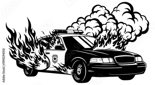 Illustration of a police car engulfed in flames, symbolizing law enforcement challenges or unrest